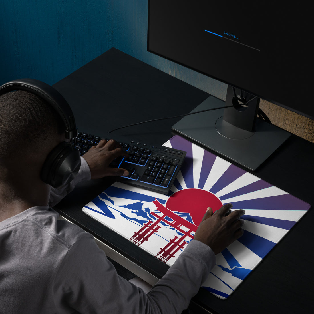 Japanese mountain sunrise gaming mouse pad, torii gate desk mat, stitched edges, 18×16 and 36×18 inch