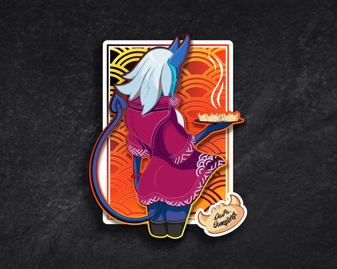Devil Dumplings anime demon-girl food pinup vinyl sticker by Weylin Kuro, 3 × 4.6 inch glossy decal