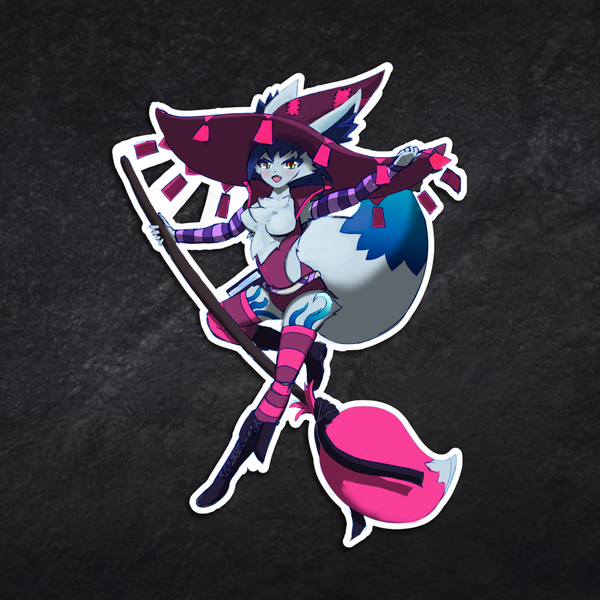 Witchy Season manga-screentone anime witch original-character vinyl sticker, 3.3 × 4.7 inch