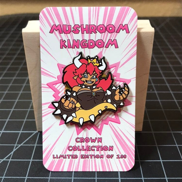 Bowsette hard-enamel lapel pin, 1.5 inch Mario Bowser crossover fan art, black dye plated