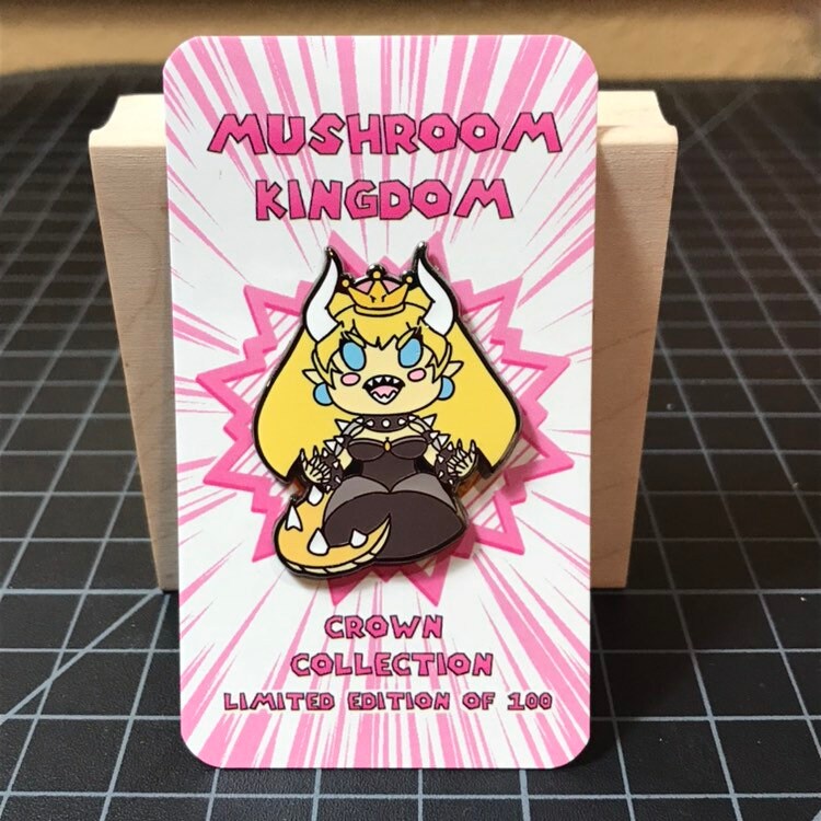 Mini Rawr Bowsette chibi hard-enamel lapel pin, 1.5 inch Mario Bowser crossover fan art