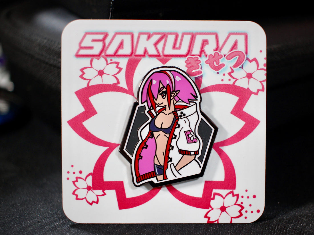 Sakura original-character hard-enamel lapel pin, cherry blossom summer design by Weylin Kuro