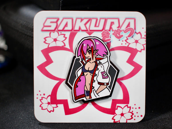 Sakura original-character hard-enamel lapel pin, cherry blossom summer design by Weylin Kuro