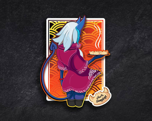 Devil Dumplings anime demon-girl food pinup vinyl sticker by Weylin Kuro, 3 × 4.6 inch glossy decal