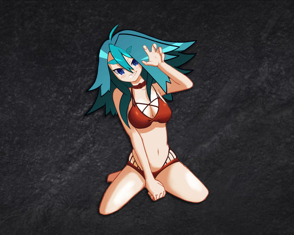Beach Babe anime beach pinup vinyl sticker by Weylin Kuro, 3 × 4.2 inch matte decal