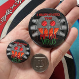I Survived the Metal Virus Sonic pin-back button, size comparison view