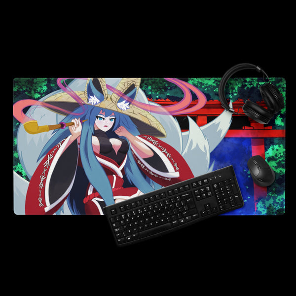 Kitsune fox gaming mouse pad, Japanese art desk mat by Weylin Kuro, stitched edges, 18×16 and 36×18 inch